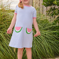 Little English classic T-shirt dress in light blue stripe with watermelon applique pockets, for little girl 