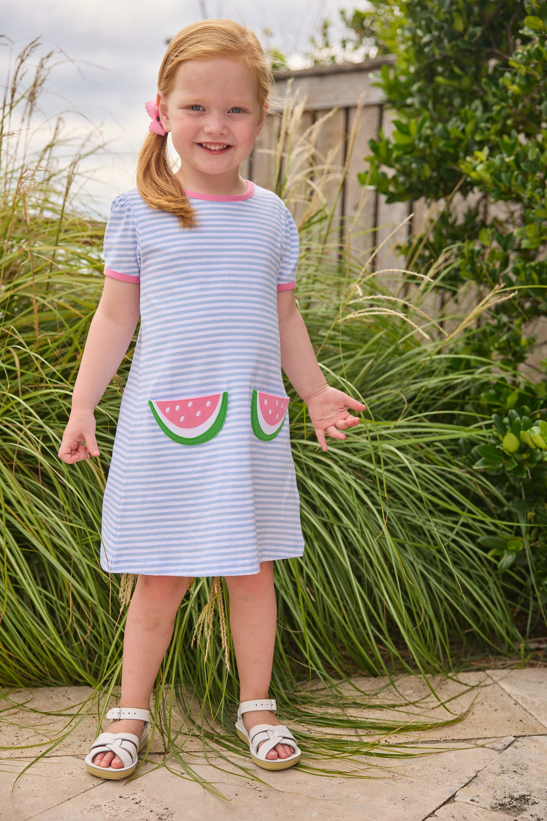 Little English classic T-shirt dress in light blue stripe with watermelon applique pockets, for little girl 