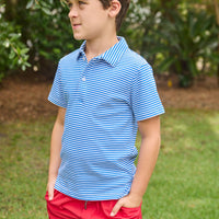 Little English traditional children's clothing.  Classic royal blue striped polo for boys for Spring. Sport short in red twill. 4th of July shirt for boys