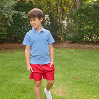 Little English traditional children's clothing.  Classic royal blue striped polo for boys for Spring. Sport short in red twill. 4th of July shirt for boys