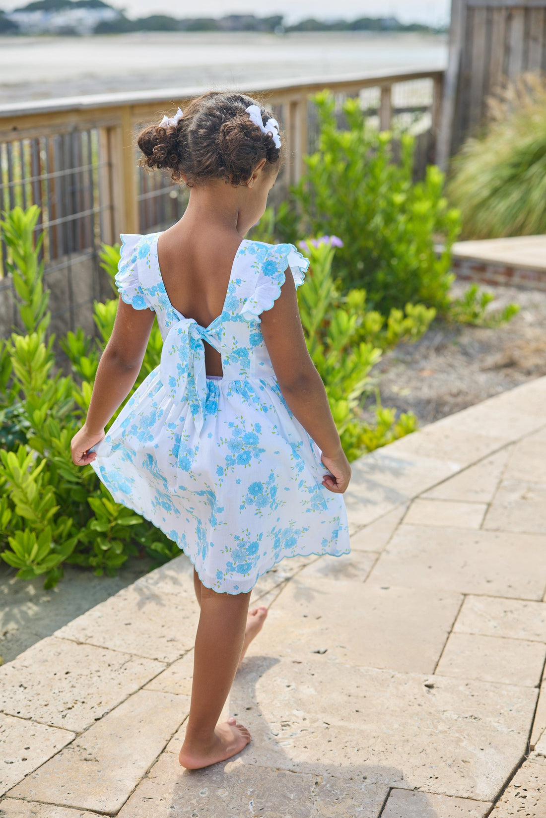 Little English classic Mila dress in blue turks floral pattern with aqua scalloped trim, for little girl 