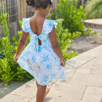 Little English classic Mila dress in blue turks floral pattern with aqua scalloped trim, for little girl 