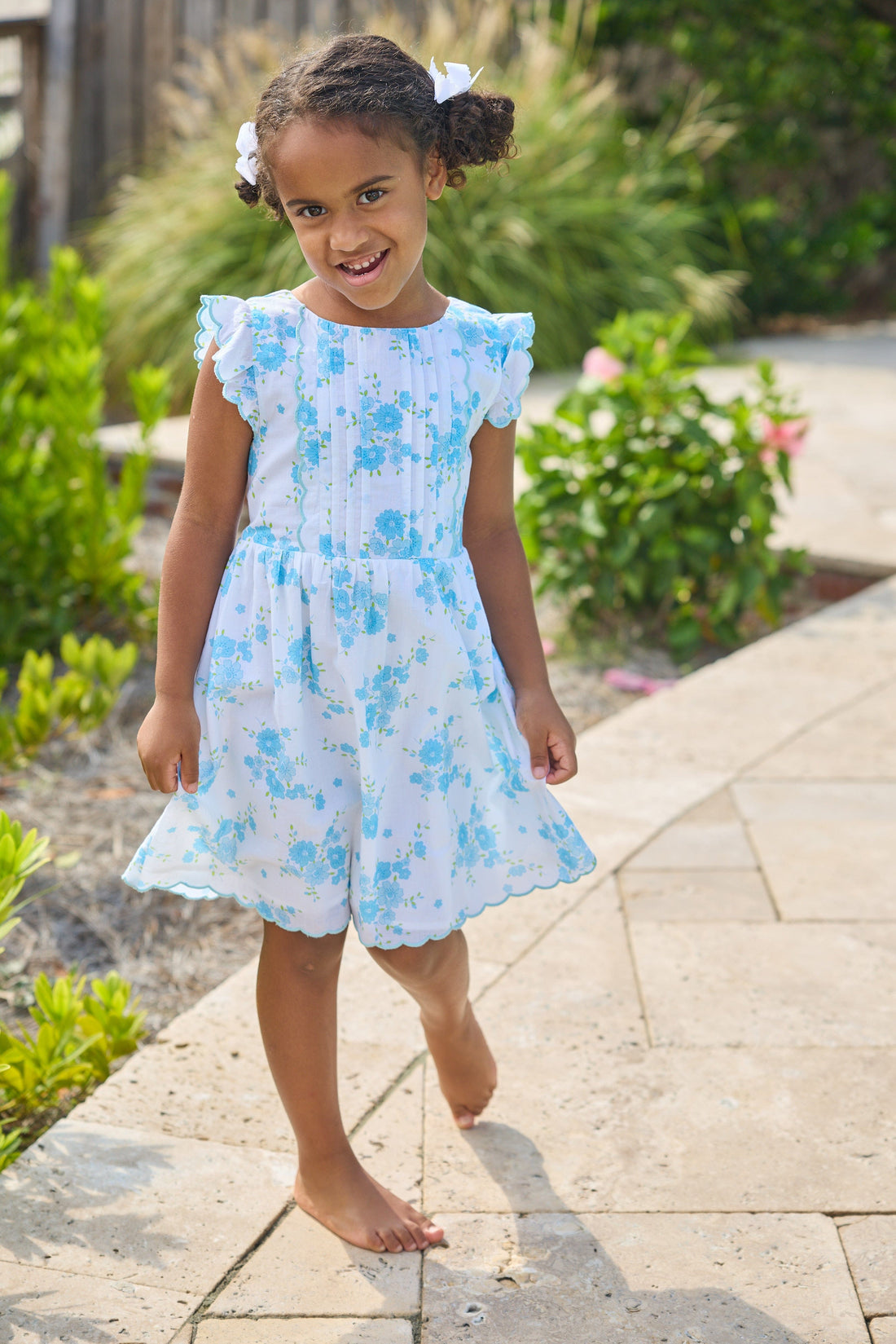 Little English classic Mila dress in blue turks floral pattern with aqua scalloped trim, for little girl 