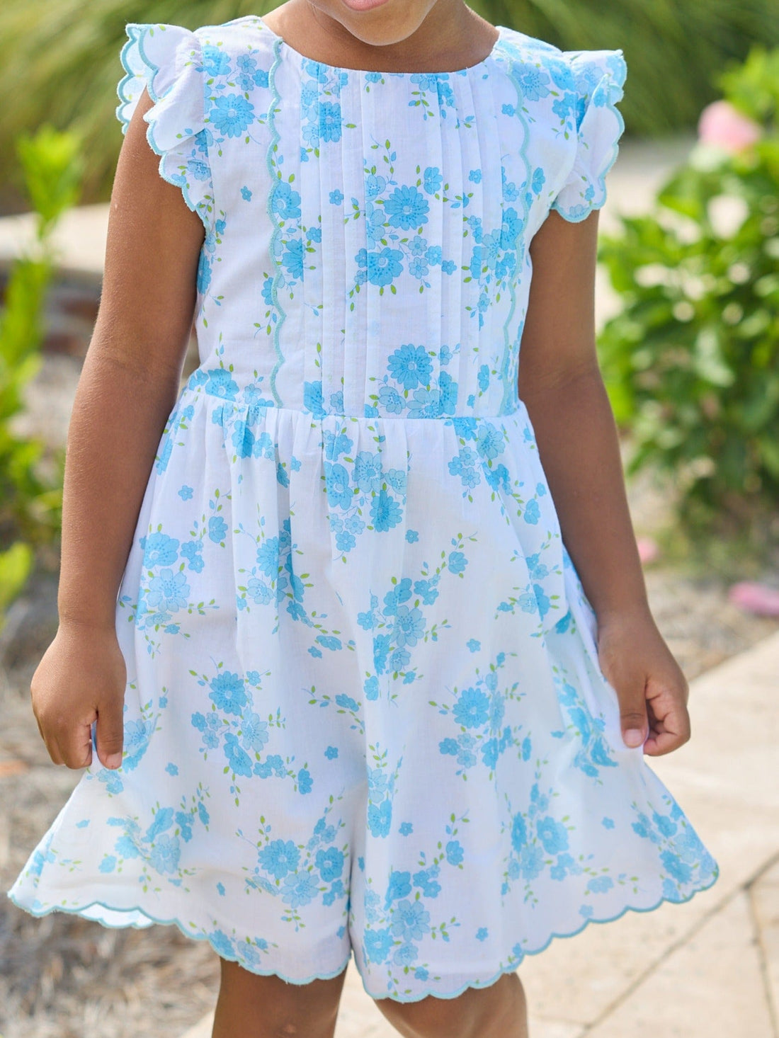 Little English classic Mila dress in blue turks floral pattern with aqua scalloped trim, for little girl 