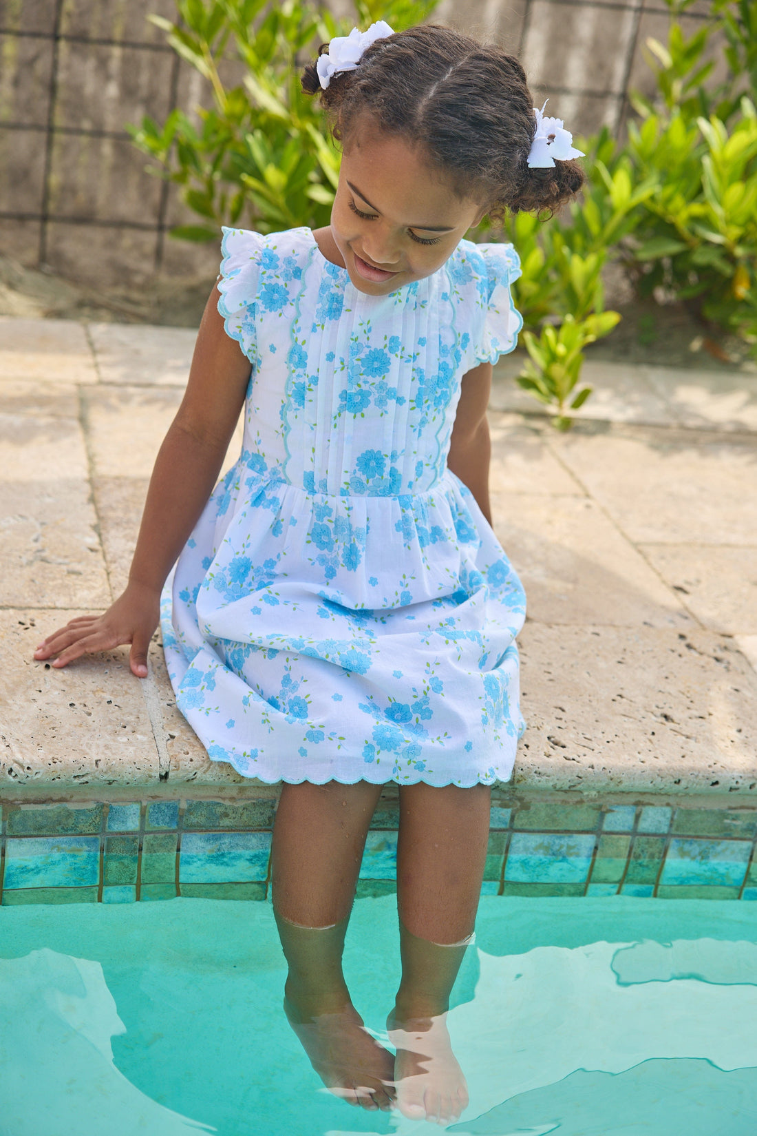 Little English classic Mila dress in blue turks floral pattern with aqua scalloped trim, for little girl 