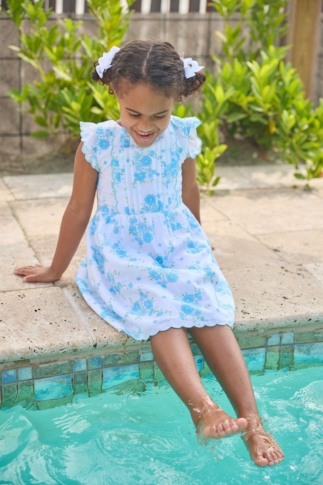 Little English classic Mila dress in blue turks floral pattern with aqua scalloped trim, for little girl 