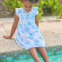 Little English classic Mila dress in blue turks floral pattern with aqua scalloped trim, for little girl 