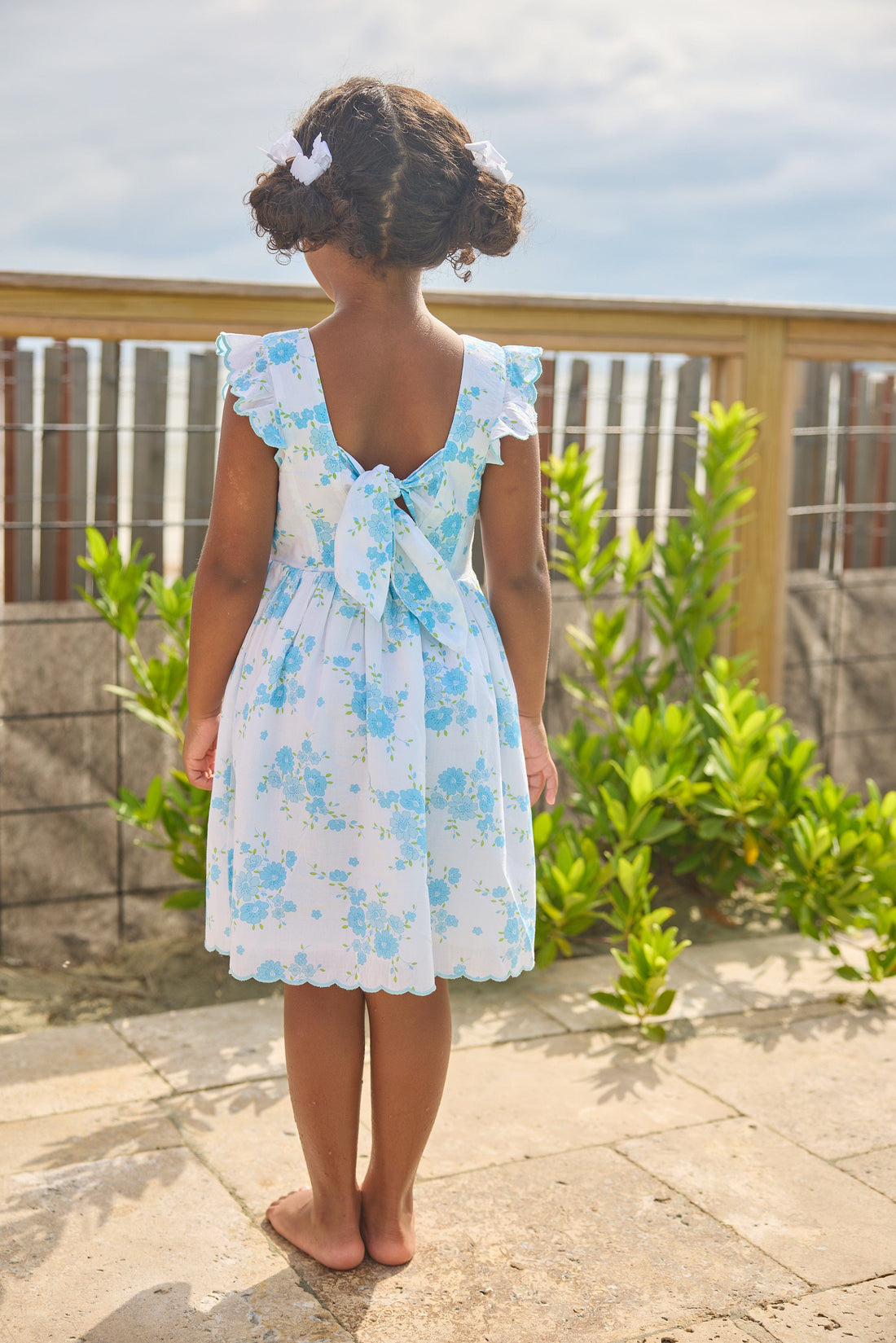 Little English classic Mila dress in blue turks floral pattern with aqua scalloped trim, for little girl 