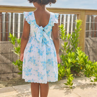 Little English classic Mila dress in blue turks floral pattern with aqua scalloped trim, for little girl 