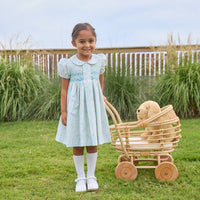 Little English traditional children's clothing.  Capped sleeve peter pan dress for little girls in aqua, green, and yellow florals