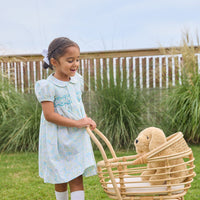 Little English traditional children's clothing.  Capped sleeve peter pan dress for little girls in aqua, green, and yellow florals