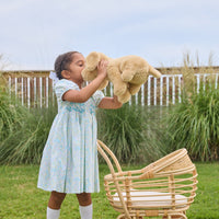 Little English traditional children's clothing.  Capped sleeve peter pan dress for little girls in aqua, green, and yellow florals