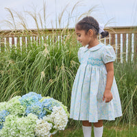 Little English traditional children's clothing.  Capped sleeve peter pan dress for little girls in aqua, green, and yellow florals