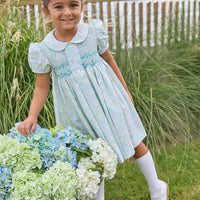 Little English traditional children's clothing.  Capped sleeve peter pan dress for little girls in aqua, green, and yellow florals