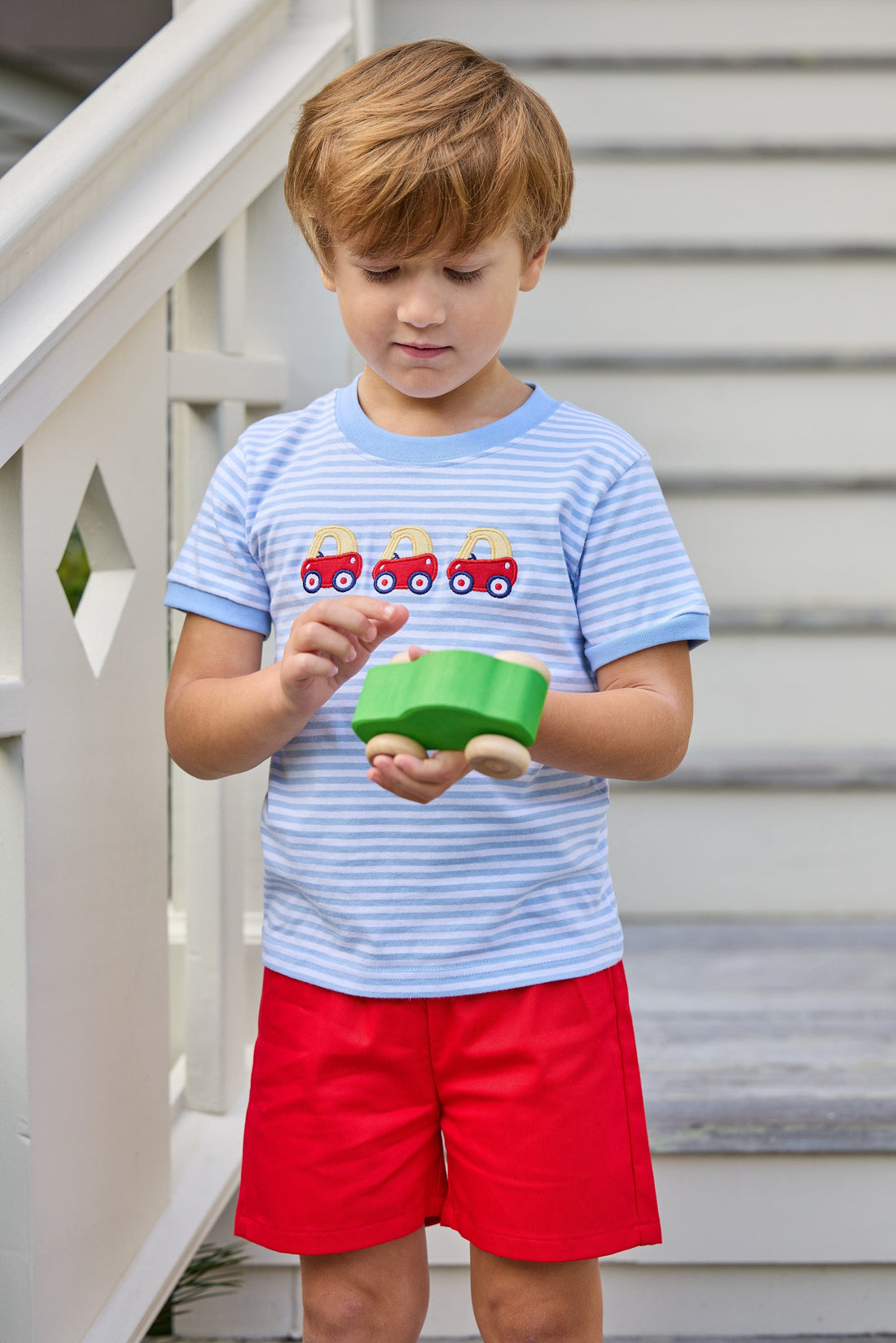 Little english classic t-shirt in light blue and white stripe with toy car applique on chest, Basic short in red twill, for little boy
