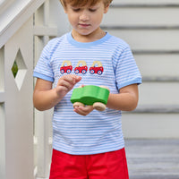 Little english classic t-shirt in light blue and white stripe with toy car applique on chest, Basic short in red twill, for little boy
