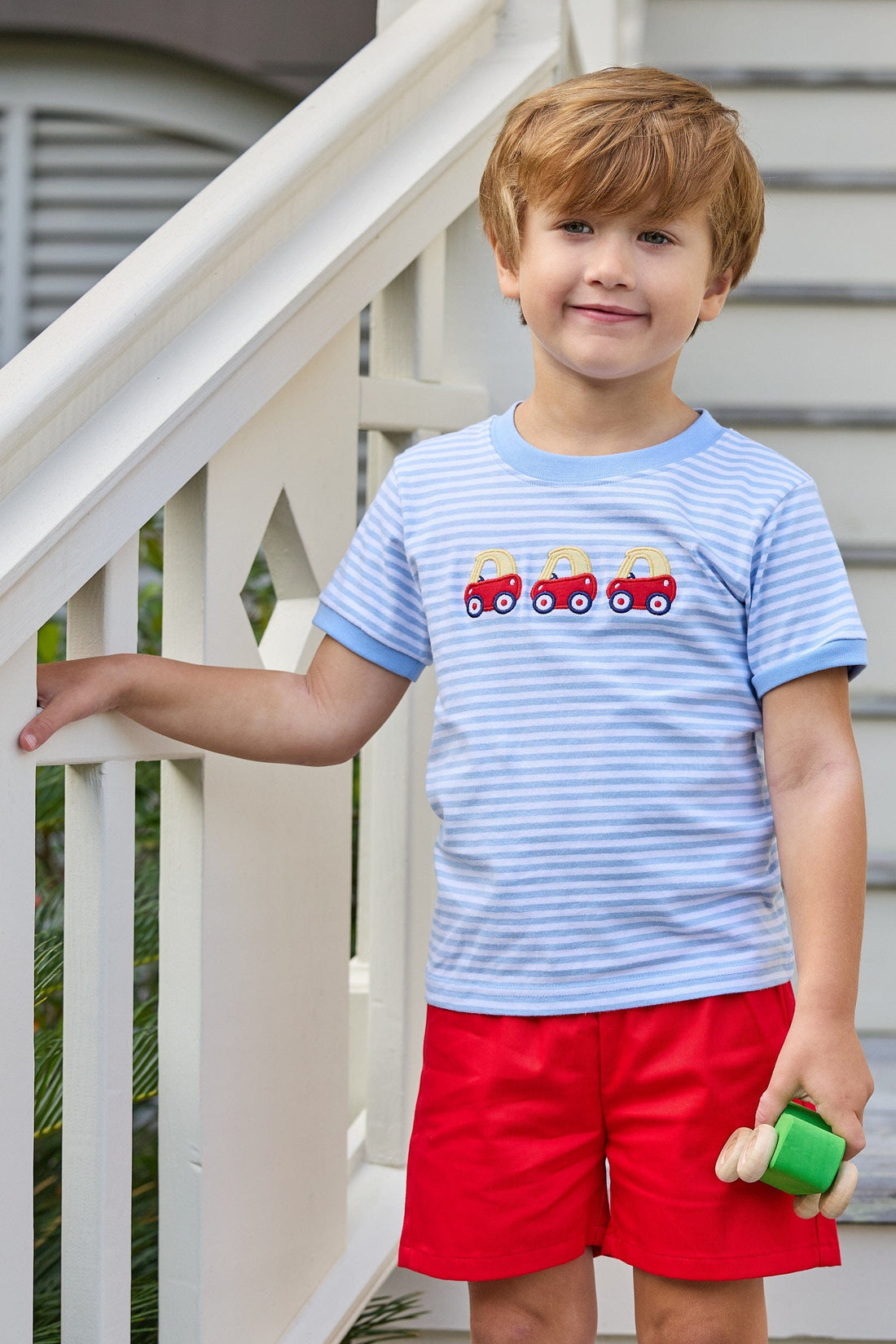 Little english classic t-shirt in light blue and white stripe with toy car applique on chest, Basic short in red twill, for little boy