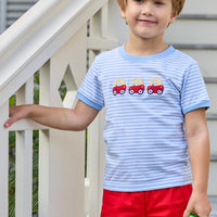 Little english classic t-shirt in light blue and white stripe with toy car applique on chest, Basic short in red twill, for little boy