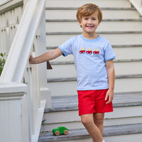 Little english classic t-shirt in light blue and white stripe with toy car applique on chest, Basic short in red twill, for little boy