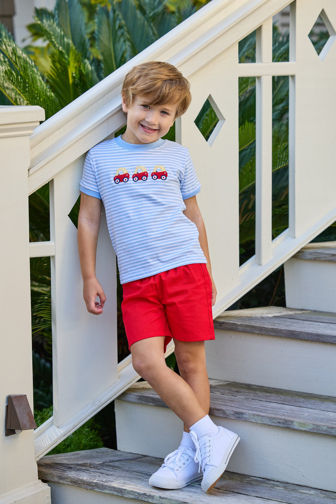 Little english classic t-shirt in light blue and white stripe with toy car applique on chest, Basic short in red twill, for little boy