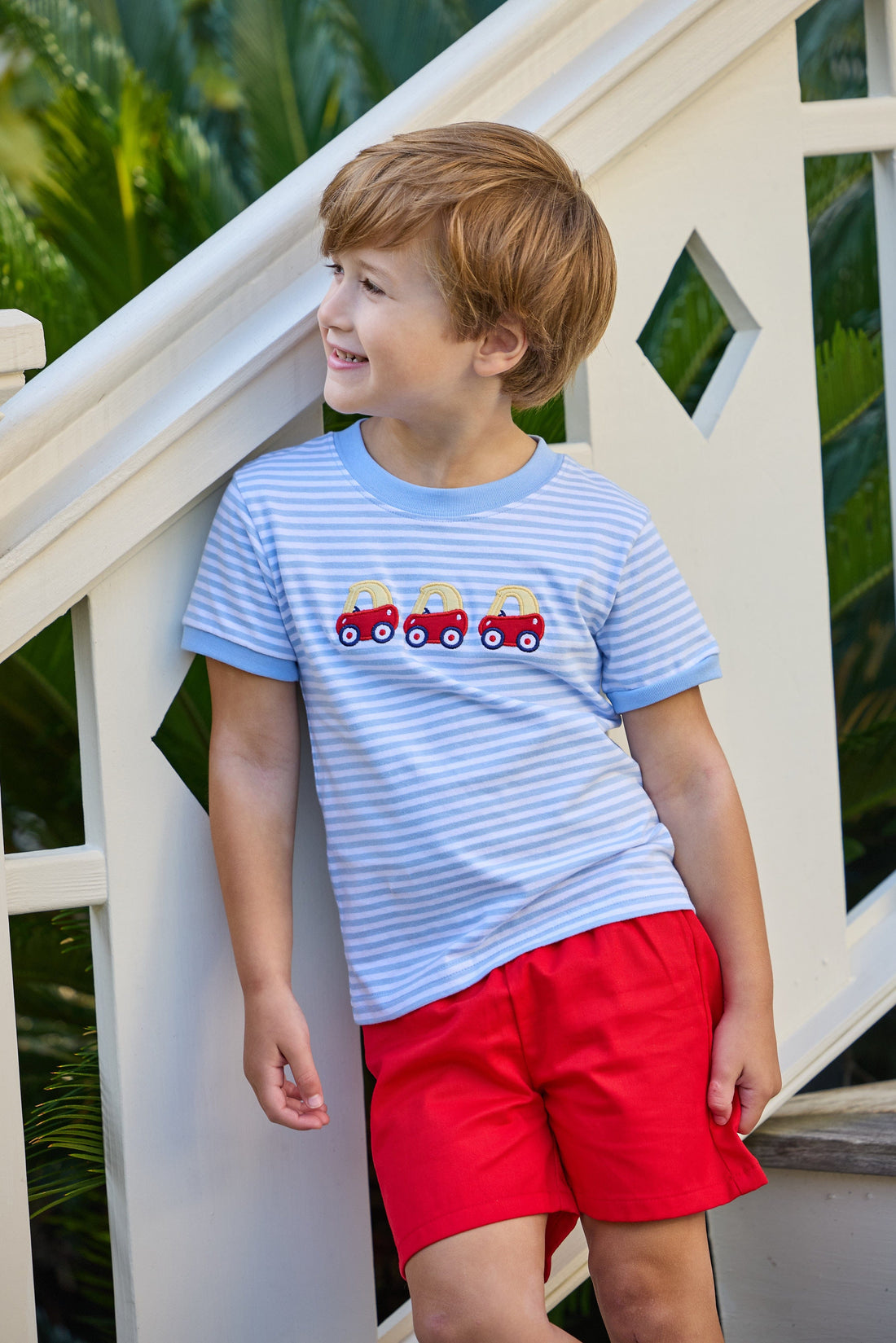 Little english classic t-shirt in light blue and white stripe with toy car applique on chest, Basic short in red twill, for little boy