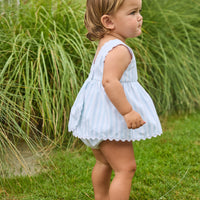 Little English traditional children's clothing.  Light blue and white striped two-piece for baby girls with white ricrac trim