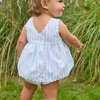 Little English traditional children's clothing.  Light blue and white striped two-piece for baby girls with white ricrac trim