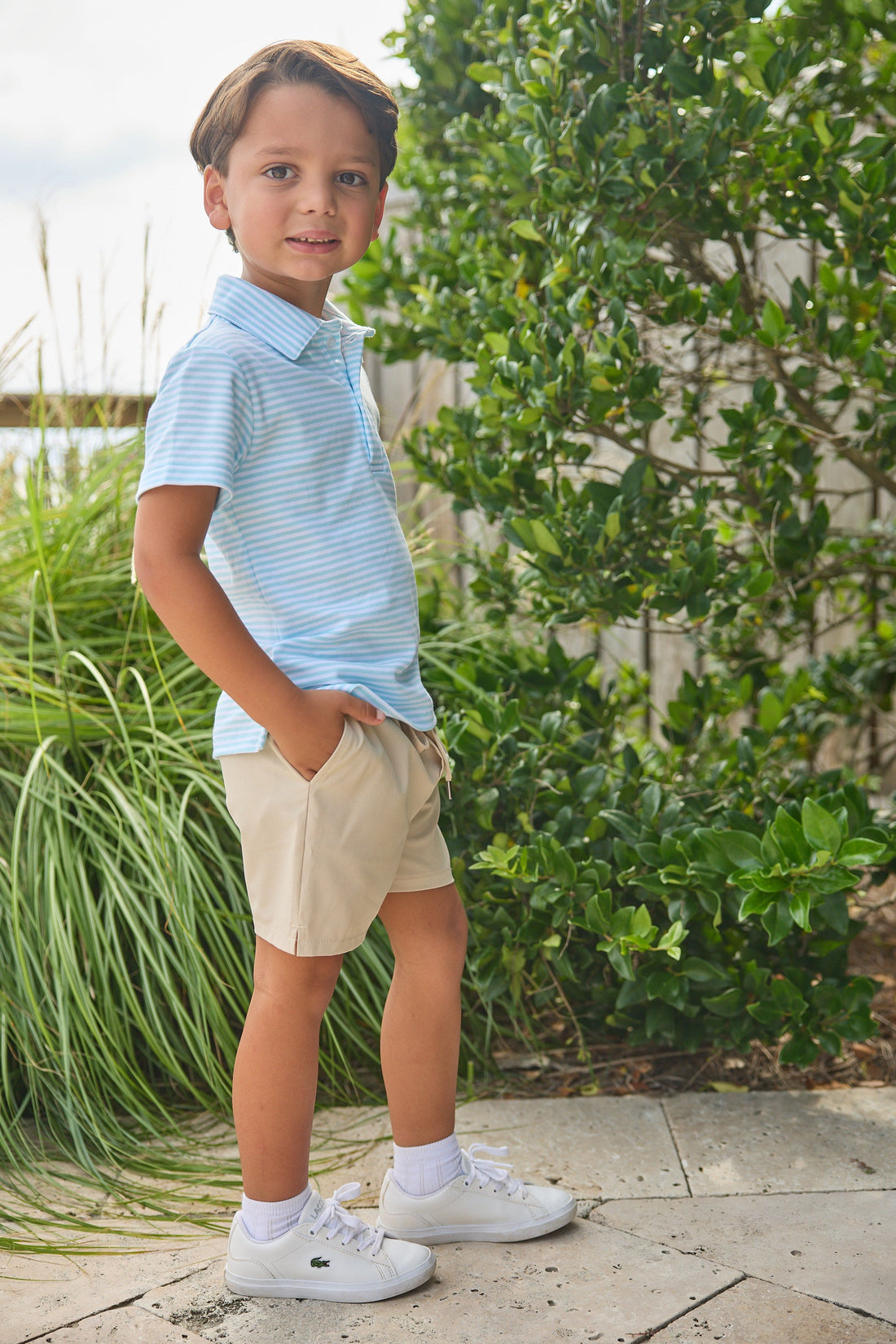 Little English classic short sleeve polo in light blue sky stripe, basic sport short in khaki, for little boy 