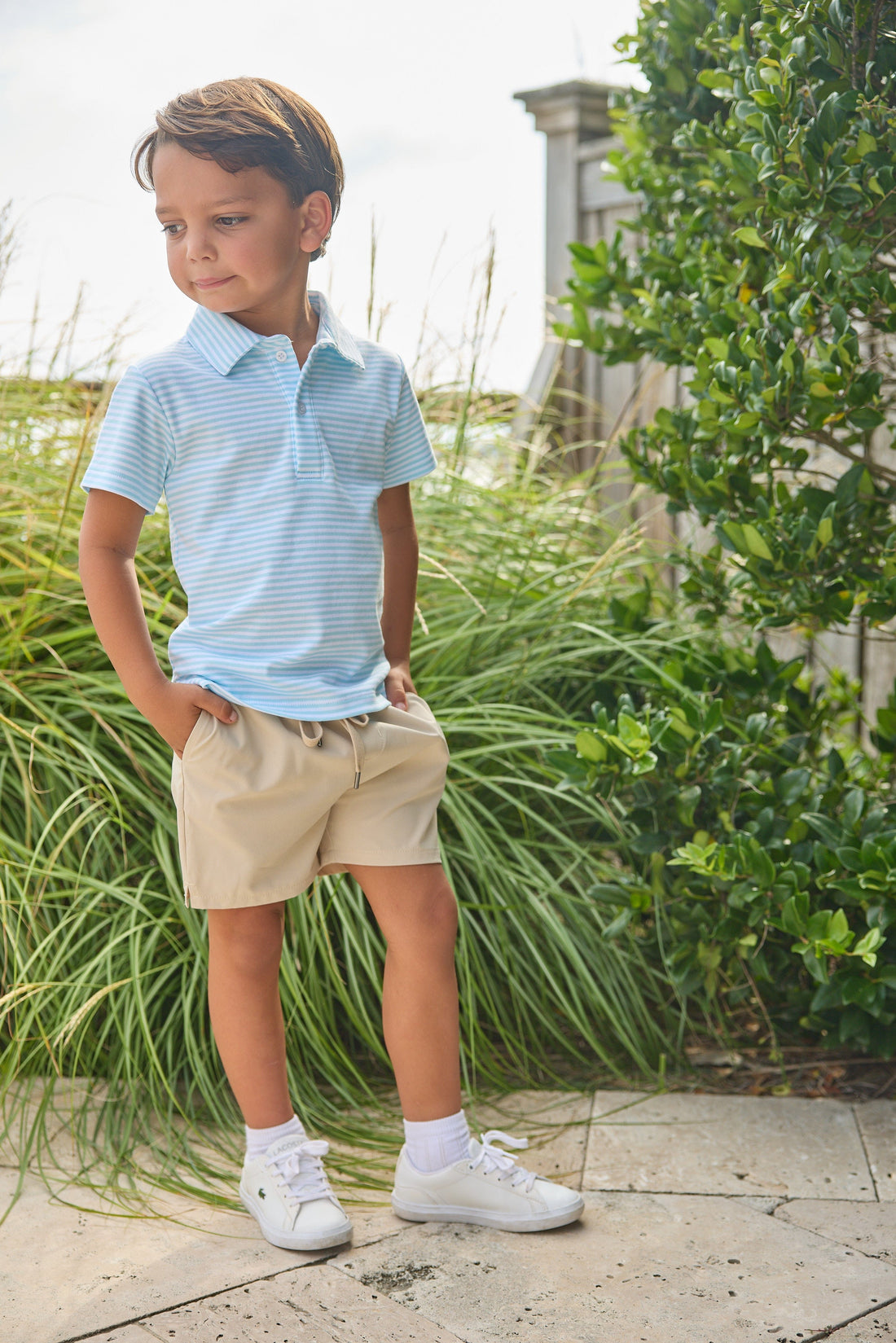 Little English classic short sleeve polo in light blue sky stripe, basic sport short in khaki, for little boy 