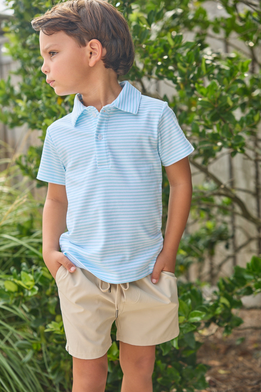 Little English classic short sleeve polo in light blue sky stripe, basic sport short in khaki, for little boy 