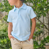 Little English classic short sleeve polo in light blue sky stripe, basic sport short in khaki, for little boy 