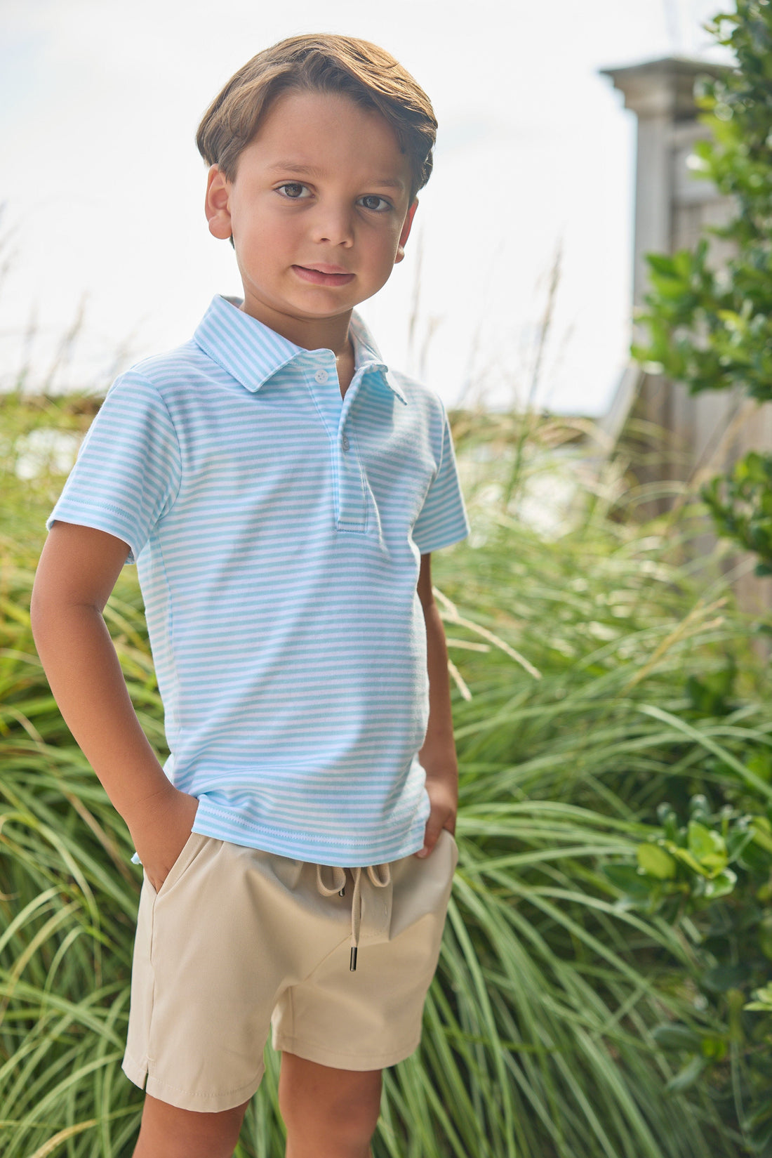 Little English classic short sleeve polo in light blue sky stripe, basic sport short in khaki, for little boy 