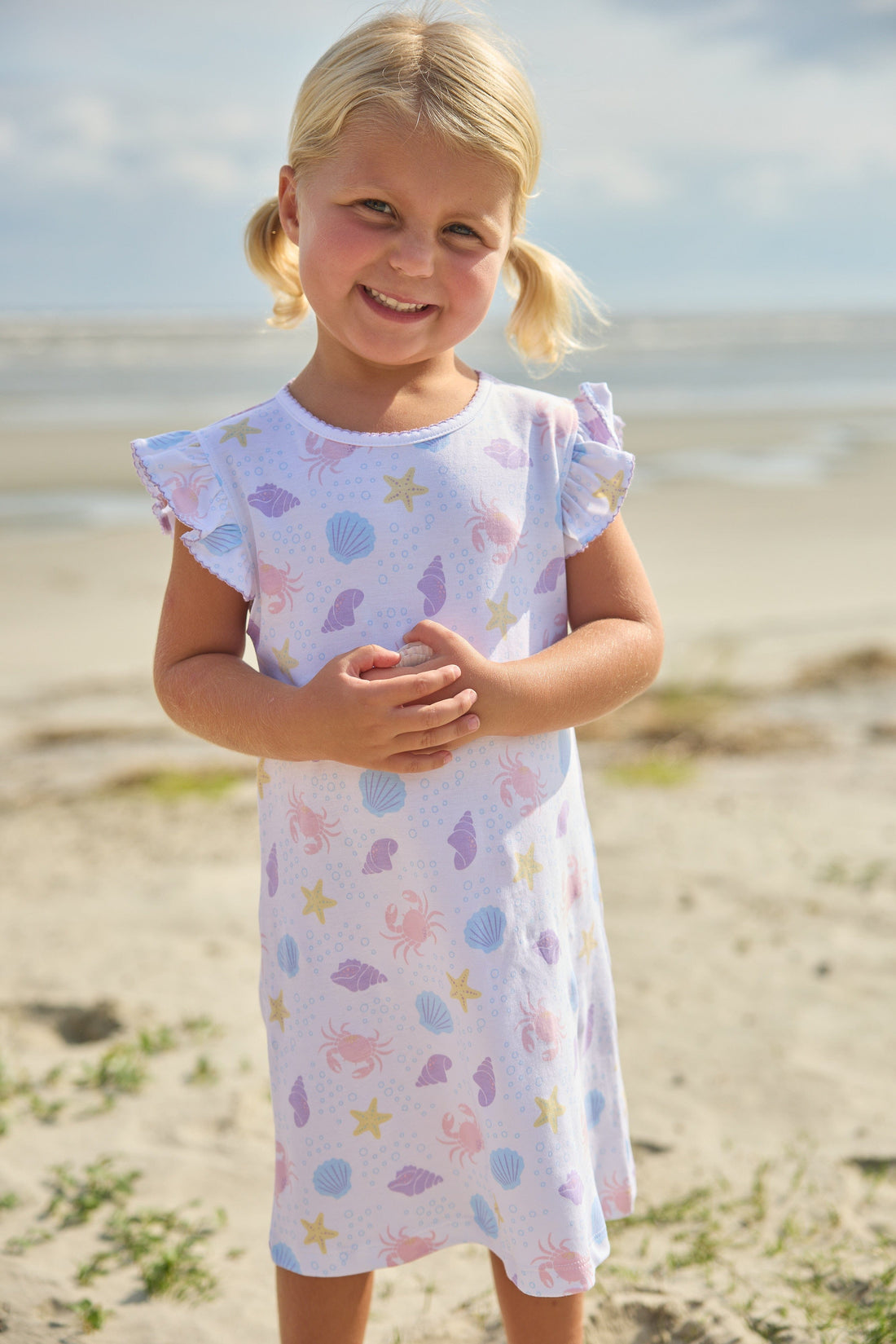 Little English classic printed angel sleeve dress with purple, pink, blue, and yellow seashells motifs and flutter sleeves, for little girl 