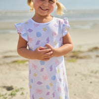 Little English classic printed angel sleeve dress with purple, pink, blue, and yellow seashells motifs and flutter sleeves, for little girl 