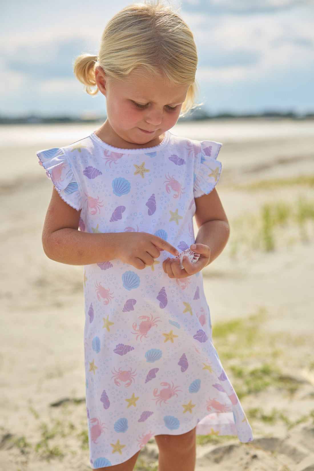 Little English classic printed angel sleeve dress with purple, pink, blue, and yellow seashells motifs and flutter sleeves, for little girl 