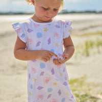 Little English classic printed angel sleeve dress with purple, pink, blue, and yellow seashells motifs and flutter sleeves, for little girl 