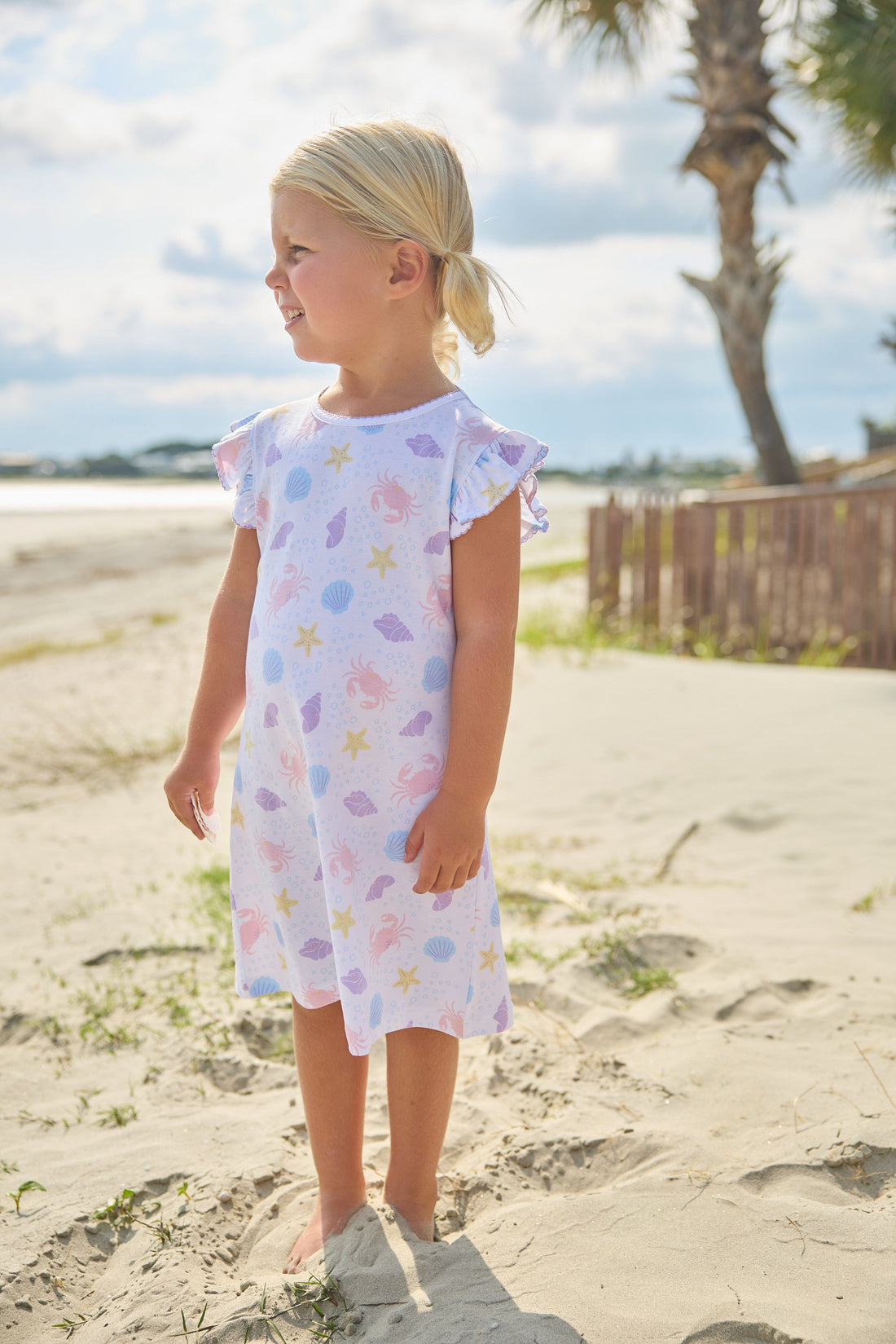 Little English classic printed angel sleeve dress with purple, pink, blue, and yellow seashells motifs and flutter sleeves, for little girl 