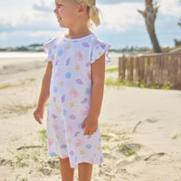 Little English classic printed angel sleeve dress with purple, pink, blue, and yellow seashells motifs and flutter sleeves, for little girl 