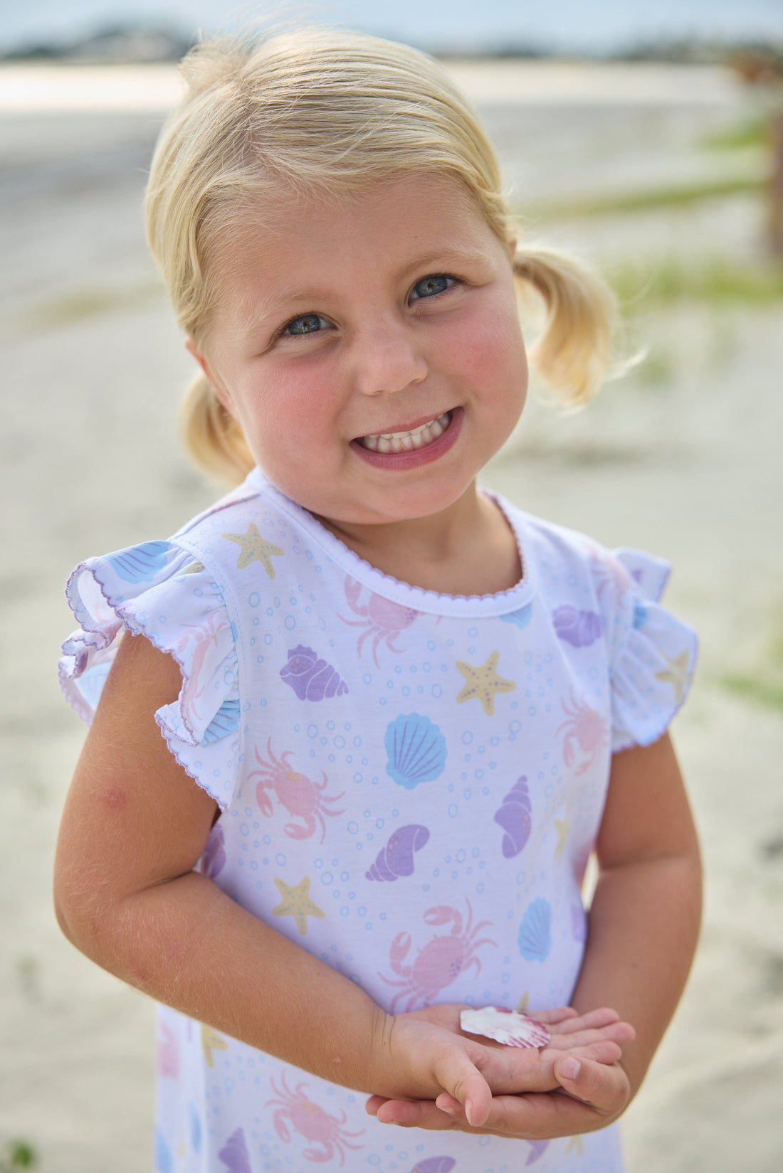 Little English classic printed angel sleeve dress with purple, pink, blue, and yellow seashells motifs and flutter sleeves, for little girl 