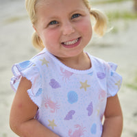 Little English classic printed angel sleeve dress with purple, pink, blue, and yellow seashells motifs and flutter sleeves, for little girl 