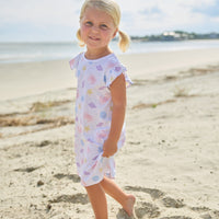Little English classic printed angel sleeve dress with purple, pink, blue, and yellow seashells motifs and flutter sleeves, for little girl 