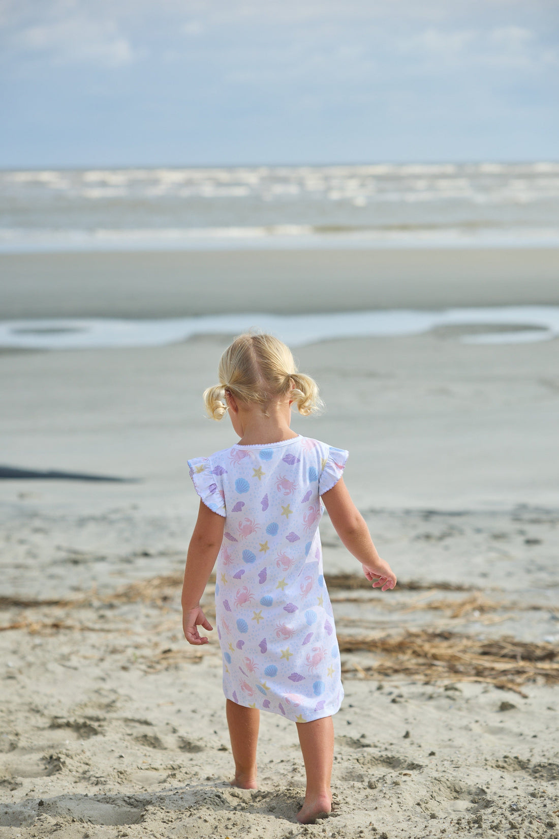 Little English classic printed angel sleeve dress with purple, pink, blue, and yellow seashells motifs and flutter sleeves, for little girl 