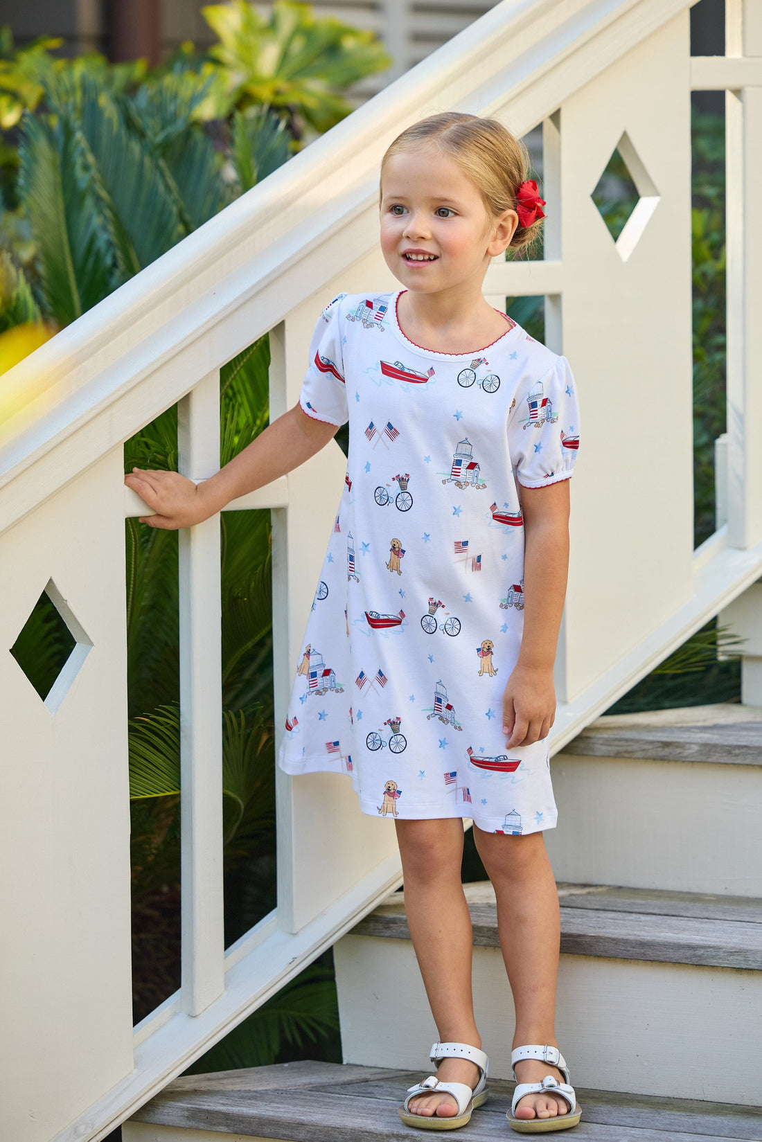 Little English classic printed T-shirt dress with puppy, flag, boat, bike, lighthouse, and star motifs for fourth of july, for little girl
