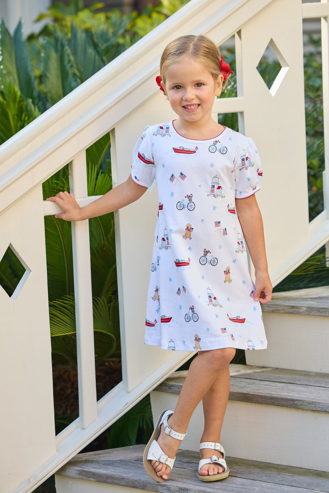 Little English classic printed T-shirt dress with puppy, flag, boat, bike, lighthouse, and star motifs for fourth of july, for little girl