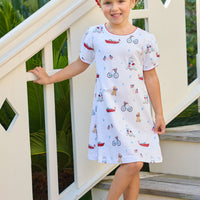 Little English classic printed T-shirt dress with puppy, flag, boat, bike, lighthouse, and star motifs for fourth of july, for little girl