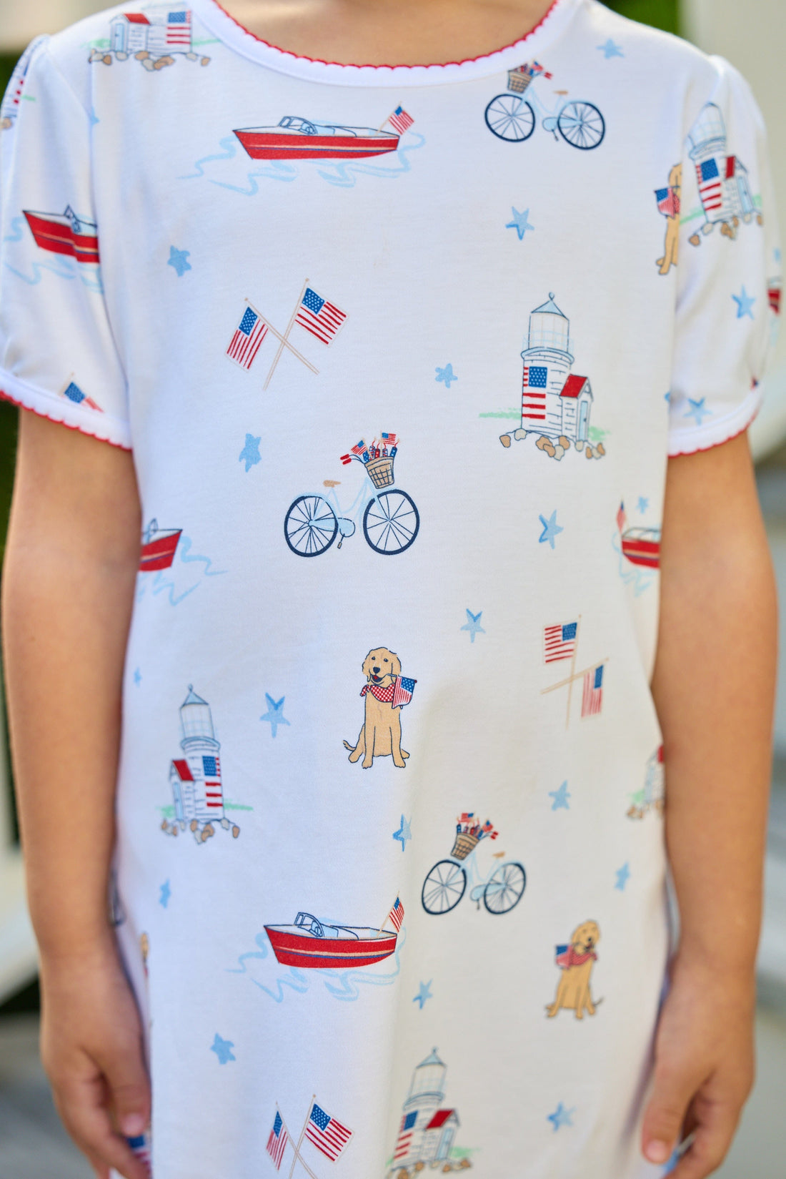 Little English classic printed T-shirt dress with puppy, flag, boat, bike, lighthouse, and star motifs for fourth of july, for little girl