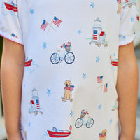 Little English classic printed T-shirt dress with puppy, flag, boat, bike, lighthouse, and star motifs for fourth of july, for little girl