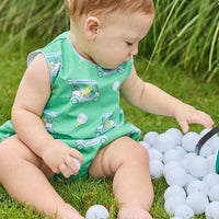 Little English traditional children's clothing.  Green golf cart print bubble for baby boys.