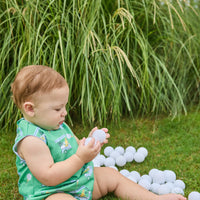 Little English traditional children's clothing.  Green golf cart print bubble for baby boys.