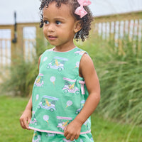 Little English traditional children's clothing.  Green and pink two piece set with golf cart print for baby girls.